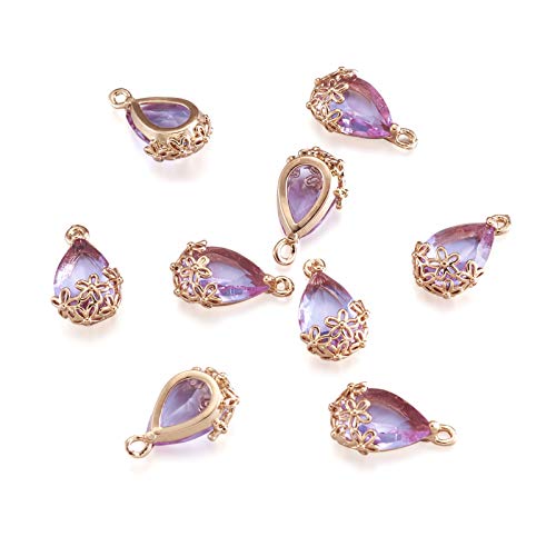 FASHEWELRY 50Pcs Faceted Transparent Glass Teardrop Pendants Crystal Glass Dangle Oval Drop Bead Charms with Golden Flower Open Back Settings for Jewelry Craft Making (Medium Purple) - color: Purple