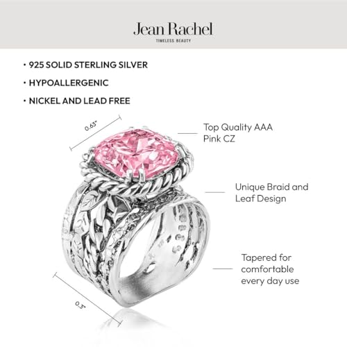 JEAN RACHEL JEWELRY 925 Sterling Silver Braid Leaf Cushion Ring | Ornate statement ring beautifully adorned with sculpted leaf motifs, twisted rope braids, and a CZ center stone. - color: Pink CZ