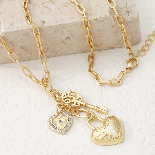 Chunky Gold Necklace for Women, 18K Waterproof Heart Necklace Statement Necklace Gold Charm Necklace Chunky Jewelry Paperclip Chain Choker Gift for Women - style: Heart Lock & Key