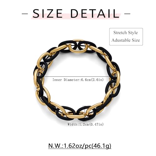 WOWORAMA Chunky Chain Bracelet for Women, Gold/Silver | Adjustable Elastic Stretch Bracelet, Thick Chunky Link Bracelet, Statement Jewelry - color: Black and Gold
