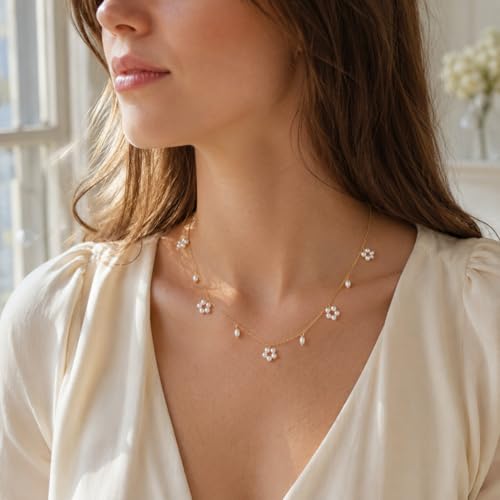Pearl Necklaces for Women Trendy, Dainty Beaded Choker Necklace, 14K Gold Plated Station Chain, Simple Layering Wedding Prom Jewelry Gift - color: Gold Flower Pearl-1