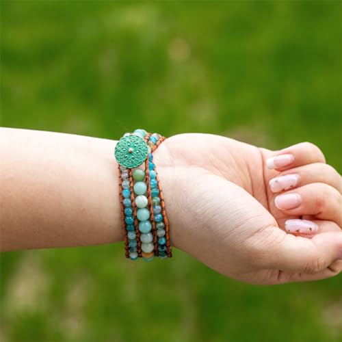 YGLINE Boho Handmade Natural Stone Bead 3 Row Wide Wrap Wrist Statment Bracelet Jewelry Collection - color: agate&amazonite