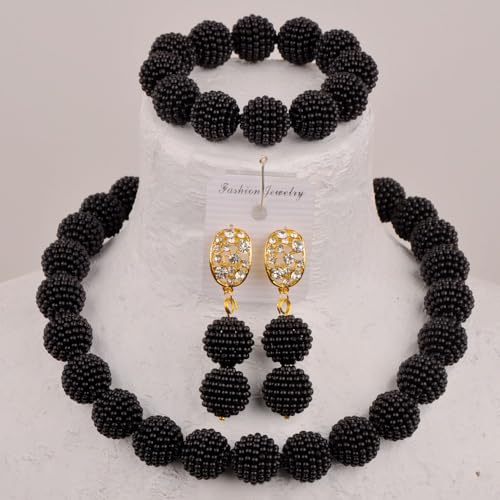 Nigerian Wedding African Beads Jewelry Set Women Simulated Pearl Necklace and Earrings - color: Black