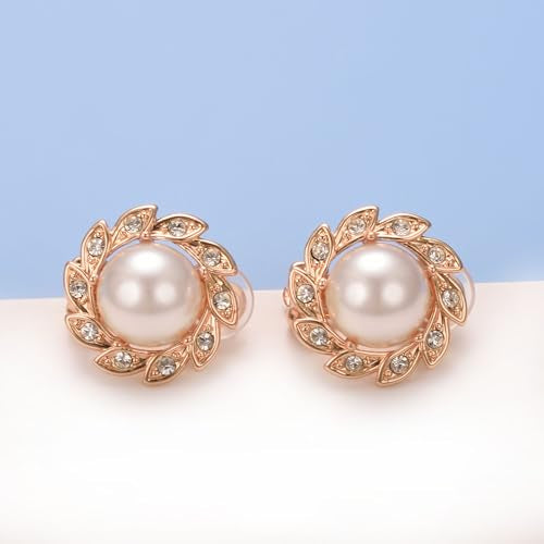 Vintage Pearl Clip On Earrings for Women Silver Rhinestone Earrings | Non Pierced Earrings 18K Rose Gold Plated Large White Pearl Earring Wedding Jewelry
