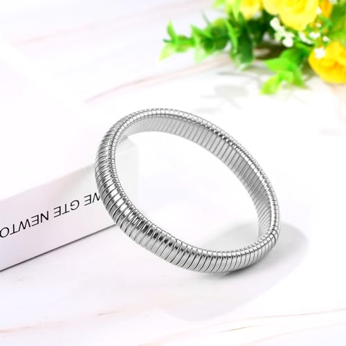 NMQLX Women's Elastic Bangle Bracelets: Stainless Steel Gold Chunky Wristband Bracelets - color: Silver - 12mm