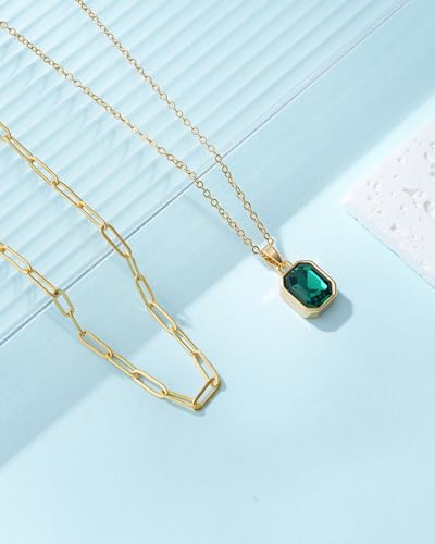 Gold Layered Necklaces for Women, 18k Gold Plated Crystal Necklace Paperclip Choker Emerald Green Jewelry for Women Gifts - color: Green Necklace