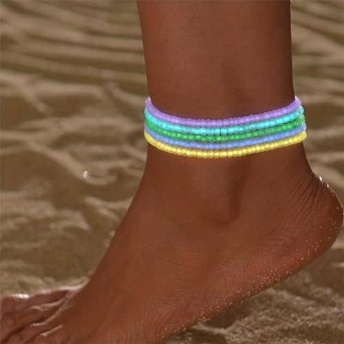 Luminous Boho Seed Bead Anklet Multilayer Rice Bead Anklet Grow in the Dark Beaded Ankle Bracelet Set for Women Men Holiday Jewelry
