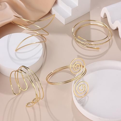 FIRAZIO 4PCS Arm Cuff Jewelry for Women | Upper Arm Cuff Bangle Band Armlet Adjustable Arm Cuff Bracelet Set - style: 4A-Gold