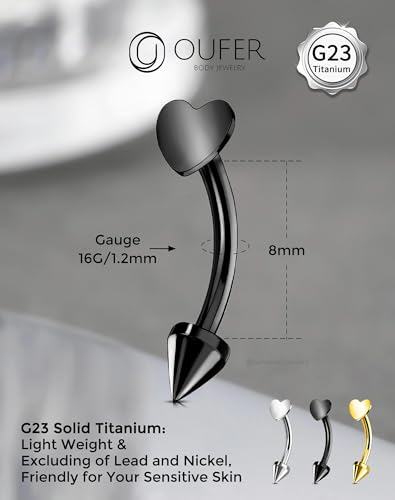 OUFER Rook Piercing Jewelry, G23 Solid Titanium Eyebrow Rings, Heart Vertical Labret Lip Jewelry, 16G Curved Barbells, Daith Rook Earrings for Women Men - color: Black Heart, size: 16G 8mm