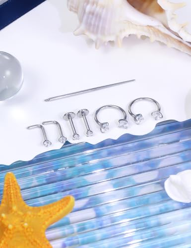 Horseshoe Nose Ring 18G Internally Threaded Nose Rings Hoops Surgical Steel Half Double Cubic Zirconia Nostril Studs Lip Eyebrow Helix Daith Ear Piercing Jewelry For Women - color: silvertone