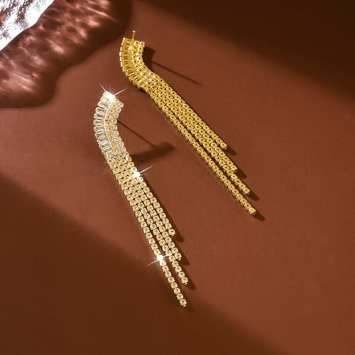 Gold Rhinestone Tassel Dangle Earrings for Women,Long Sparkly Crystal Statement Earring,Trendy Bridal Wedding Prom Jewelry Accessories - color: Golden