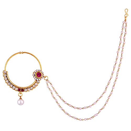 Aheli Bollywood Style Indian Bridal Choker Necklace Matha Patti Nose Ring Haath Phool Wedding Fashion Bharatanatyam jewellery set for Women - color: Pink