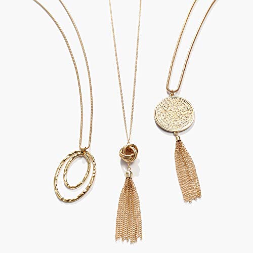 SEVENSTONE 3PCS Long Pendant Necklaces for Women Knot Disk Circle Tassel Statement Sweater Necklace Set - color: Gold-6P
