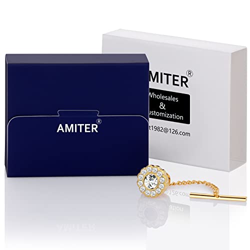 AMITER Crystal/Pearl Tie Tack with Chain, Gold Mens Tie Pin Necktie Pins Lapel Pin for Wedding Birthday Anniversary Party - color: 24k Gold+White Crystal