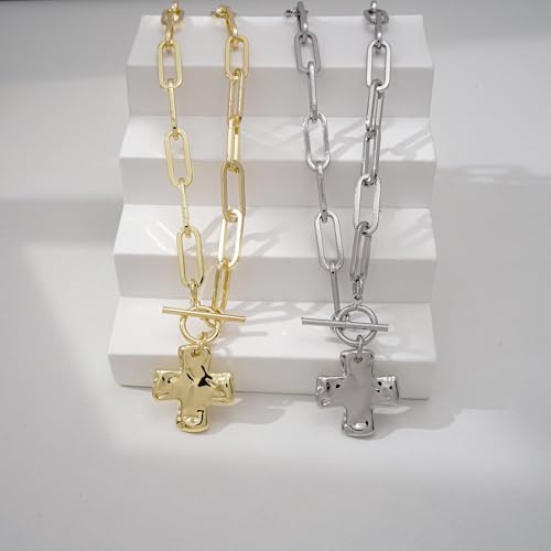 Bheop Chunky Cross Necklace for Women, 14K Gold Silver Statement Necklace | Sturdy Paperclip Chain, Hammered Pendant, Vintage Charm, Trendy Costume Jewelry, Faith Christian Religious Gift, Non Tarnish - style: SL-Toggle Necklace(1 inch Pendant)
