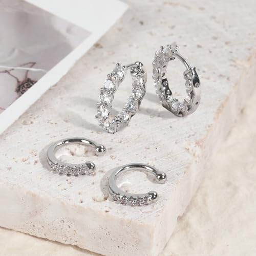 Women's Silver Earrings Fashion Jacket Stud Earrings Stacking Small Hoop Huggie Earrings Set for Multiple Piercing Everyday Ear Cartilage Earrings - color: Silver+Silver