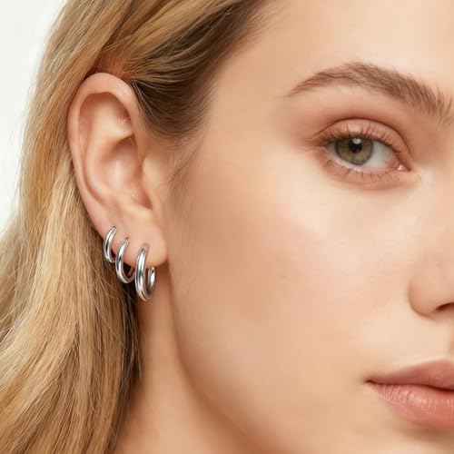 4 Pairs Small Gold Silver Huggie Hoop Earrings for Women Surgical Steel Set | 14K Gold Plated 316L Stainless Steel, 6/8/10/12 mm, Hypoallergenic, Lightweight, Mini Jewelry - color: Silver+Gold/6 Pairs