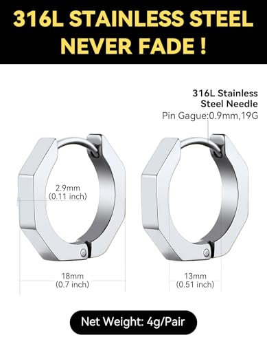 ChainsHouse Stud Earrings for Men Women,316L Stainless Steel/14K Gold/Black Plated Metal, Punk Hypoallergenic Surgical Huggie Hoop Earrings Mens Jewelry Piercing Hoop Earrings - style: E: Silver-Octagon(1 Pair)
