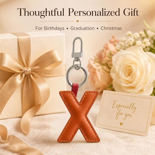 Initial Letter Keychain,Stainless Steel,Colorful Faux Leather Keyring for Backpack,Purse,Car Keys,Gift for Men Women - color: X