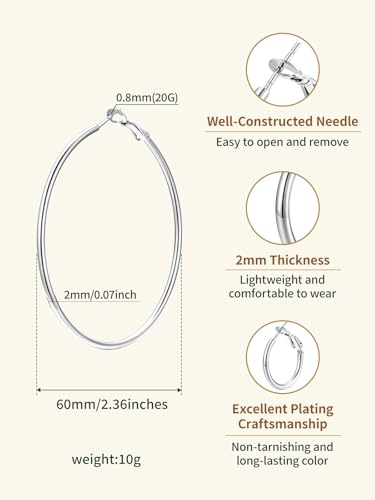 FindChic Thin Hoop Earrings for Women,Silver/Black/Gold Plated 20-100mm - color: Silver, size: 60mm
