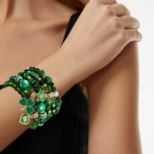 Boho Beaded Stretch Bracelets For Women Stackable Crystal Gold Plated Beaded Bracelets Set Trendy Handmade Friendship Braeclet Jewelry Gifts - color: Q-Lucky Green Set