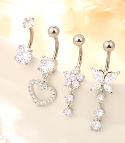 Leocuci Surgical Stainless Steel Dangle Belly Button Rings for Women Belly Ring Dangling Piercing Jewelry with Heart Flower Butterfly14G - color: silver