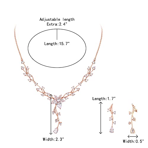 Crysdue Women's Wedding Bridal Jewelry Set for Brides Bridesmaids Cubic Zirconia Flower Leaf Vine Necklace Dangle Earrings for Prom Party - style: 13-rose gold