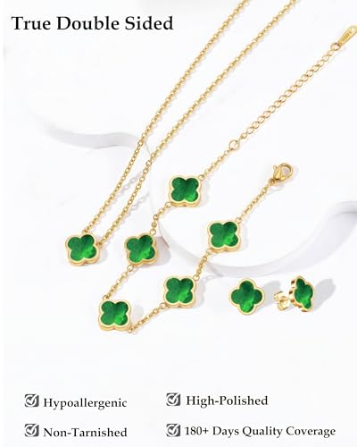 Clover Jewelry Set 3 PC - 18K Gold Plated Stainless Steel Y Necklace Four Leaf Pendant, Clover Bracelet Charm, 4leaf Earrings, Hypoallergenic Non-Tarnish, Lucky Jewelry Gifts for Women Mom - color: Emerald Green/Gold