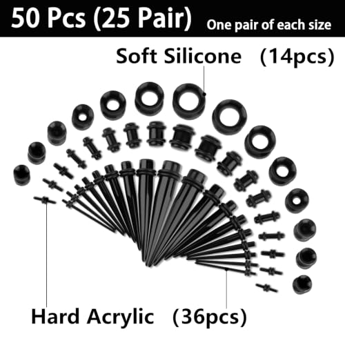 50 Pcs Ear Stretching Kit, Acrylic Gauges for Ears 14G-00G | Lightweight Tapers+ Plugs+ Silicone Tunnels, Gauge Stretching Kit, Piercing Earring Jewelry for Men, Women, Starter Expanders - color: Black