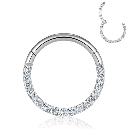 HQLA 16G Nose Hoop Ring Septum Ring Clear CZ Daith Earring Surgical Steel Hinged Segment Seamless Clicker Tragus Rook Helix Cartilage Conch Hoop Piercing Jewelry for Women men 8mm 10mm - style: 16G-10MM- Front Face CZ-Steel