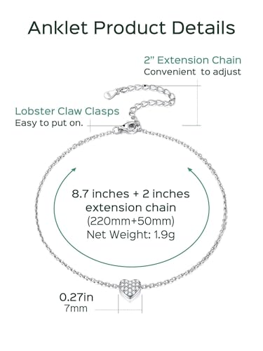 ChicSilver Personalized 925 Sterling Silver Tiny Heart/Moon/Star/Sun/Dot/Triangle Anklets Simple Dainty Foot Jewelry for Women, Silver/Gold Plated/Rose Gold Plated - style: Silver Heart CZ Custom