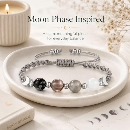 Moon Phase Bracelet for Women, Natural Stone Beaded Bracelet with Crescent Moon Charm, Black Grey White Stretch Bracelets with Message Card, Celestial Jewelry Gift for Women
