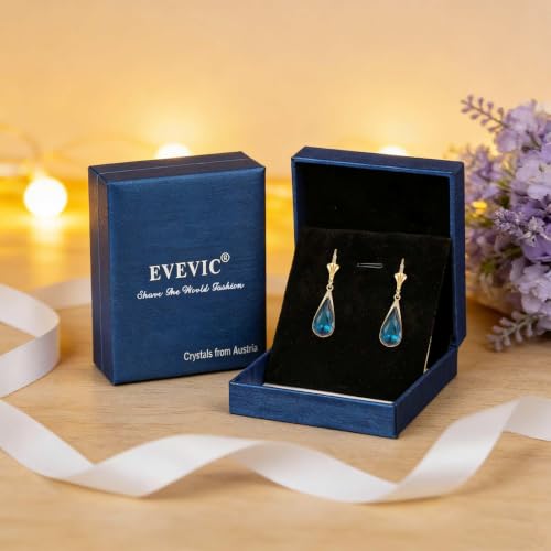 Teardrop Austrian Crystal Leverback Dangle Drop Earrings for Women | 14K Gold Plated,Classic Teardrop Elegance,Leverback for Easy Secure Wear,Gift Box Included, Brighten Up Daily and Party Looks - color: Dark Blue
