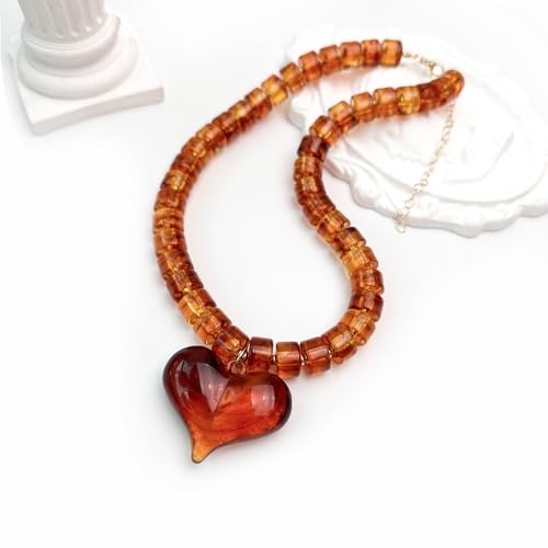 Chunky Heart Necklaces for Women Colorful Resin Beaded Necklaces for Women Gold Puffy Heart Statement Necklace Trendy Acrylic Choker Jewelry Gift - color: Brown