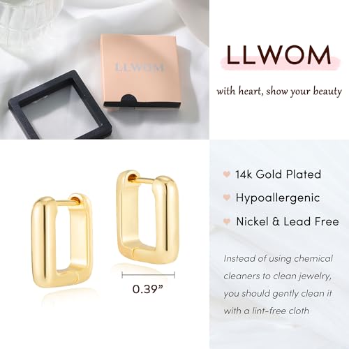 LLWOM Gold Huggie Earrings for Women-14k Gold/Silver/Rose/Black Plated Heart Hoop Earrings Hypoallergenic Lightweight Hoops Gifts - style: Square