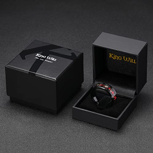 King Will Mens Wedding Band with Foils Inlay, Black/Silver/Gold Beveled Edge Glowstone Ring, 6mm/8mm Tungsten Carbide Rings Comfort Fit - color: Black&Red+Gold-8mm