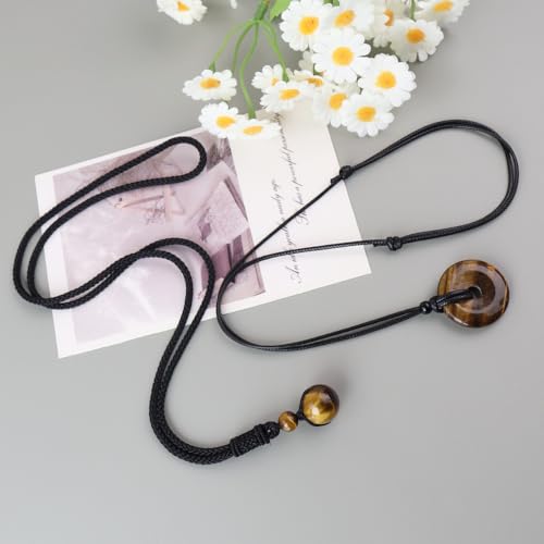 2pcs Natural Crystal Stone Lucky Coin Crystal Necklace Donut Pendnat, 16mm Stone Bead Pendant for Women and Men Necklace - color: Tiger's Eye