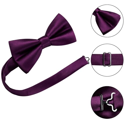 Hi-Tie 5Pcs Mens Solid Color Silk Tie Satin Pretied Bowtie Lapel Pin for Men Handkerchief Cufflink Wedding Gift Box - color: Dark Purple