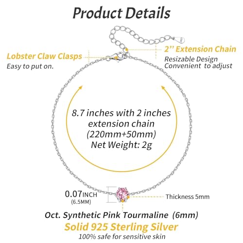ChicSilver 925 Sterling Silver Anklets for Women, Simple Dainty Round/Heart Birthstone Ankle Bracelet Beach Foot Jewelry, 8.7-10.7 Inch Adjustable - color: 10. Round - October(Tourmaline)