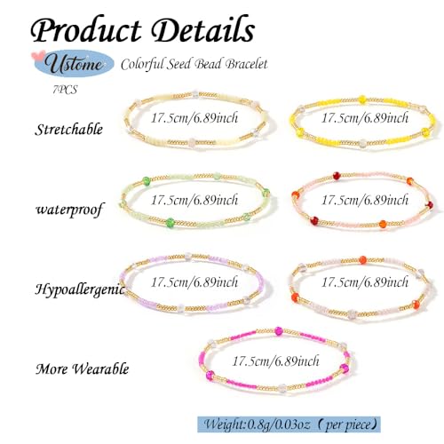 Colorful Stackable Rice Small Mini Seed Beaded Bracelets Set For Women, Handmade Dainty Boho Gold Glass Stretch Accessories Jewelry,Summer Beach Party Daily Friendship Gift - color: 7Pcs Gold Crystal