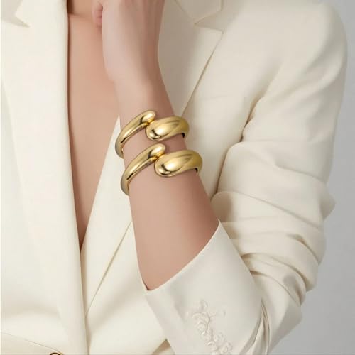 Emibele Cuff Bracelet Stack, 18K Gold-plated Open Bangle Bracelet, Teardrop Hinged Thick Wrist Chunky Bracelet Set for Women, Non Tarnish Jewelry Gift, 2 Pack - color: Gold Teardrop