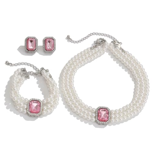 Wekicic Faux Pearl Necklace Earrings Set for Women Crystal Pearl Choker Necklace Bracelet Set 1920s Jewelry for Wedding Party - color: Pink