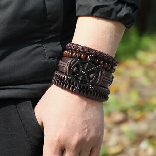 GORGECRAFT Handmade PU Leather Bracelets Flat Round Braided Cuff Bangle Multi Layers Wood Beads Wrap Bracelet - style: Brown Anchor Weave