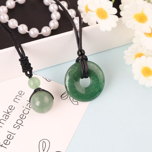 2pcs Natural Crystal Stone Lucky Coin Crystal Necklace Donut Pendnat, 16mm Stone Bead Pendant for Women and Men Necklace - color: Green Aventurine