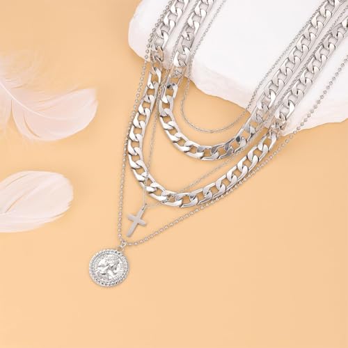 Gold Layered Necklaces for Women Dainty Chunky Chain Choker Necklaces Trendy Retro Coin Pendant Necklace Jewelry Gifts