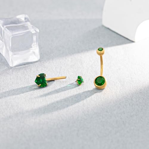 2pcs 14k Gold Filled Belly Button Rings, 14G 8mm/10mm/12mm Threaded Barbell Belly Button Piercing, Navel Ring Piercing Jewelry - color: 14K GF-2pcs-Green Heart CZ-10mm