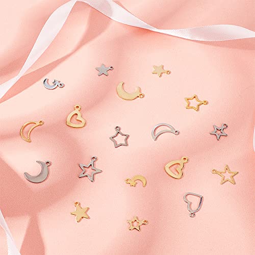 PH PandaHall 108pcs Moon Star Heart Charms, 18 Styles Stainless Steel Star Pendants Crescent Moon Romantic Charms Small Dangle Charm for Mother's Day Necklace Earrings Bracelet Jewelry Making