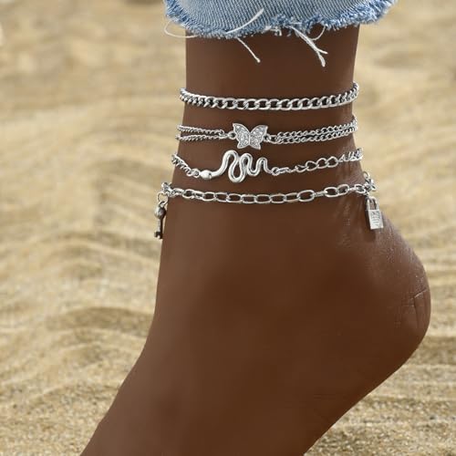 4 Pcs Layered Silver Tone Anklets for Women Trendy Butterfly Snake Lock Key Charms Ankle Bracelets Set Adjustable Summer Beach Vacation Foot Jewelry