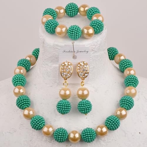 Nigerian Wedding African Beads Jewelry Set Women Simulated Pearl Necklace and Earrings - color: Army Green-Champagne Gold