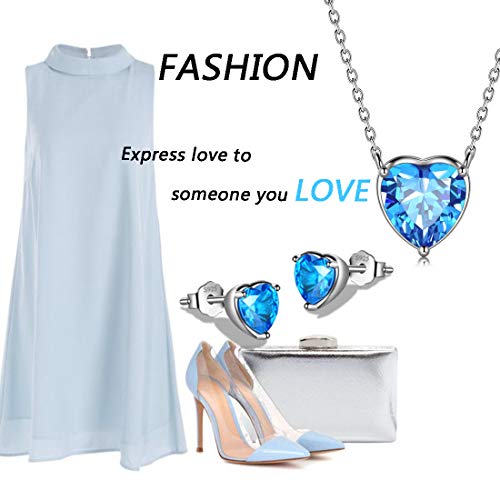 Aurora Tears Hearts Necklace Earrings Jewelry Sets - Women 925 Sterling Silver Birthstone Pendants Earrings Set Crystal Wedding Birthday Jewelry - color: C.March-set